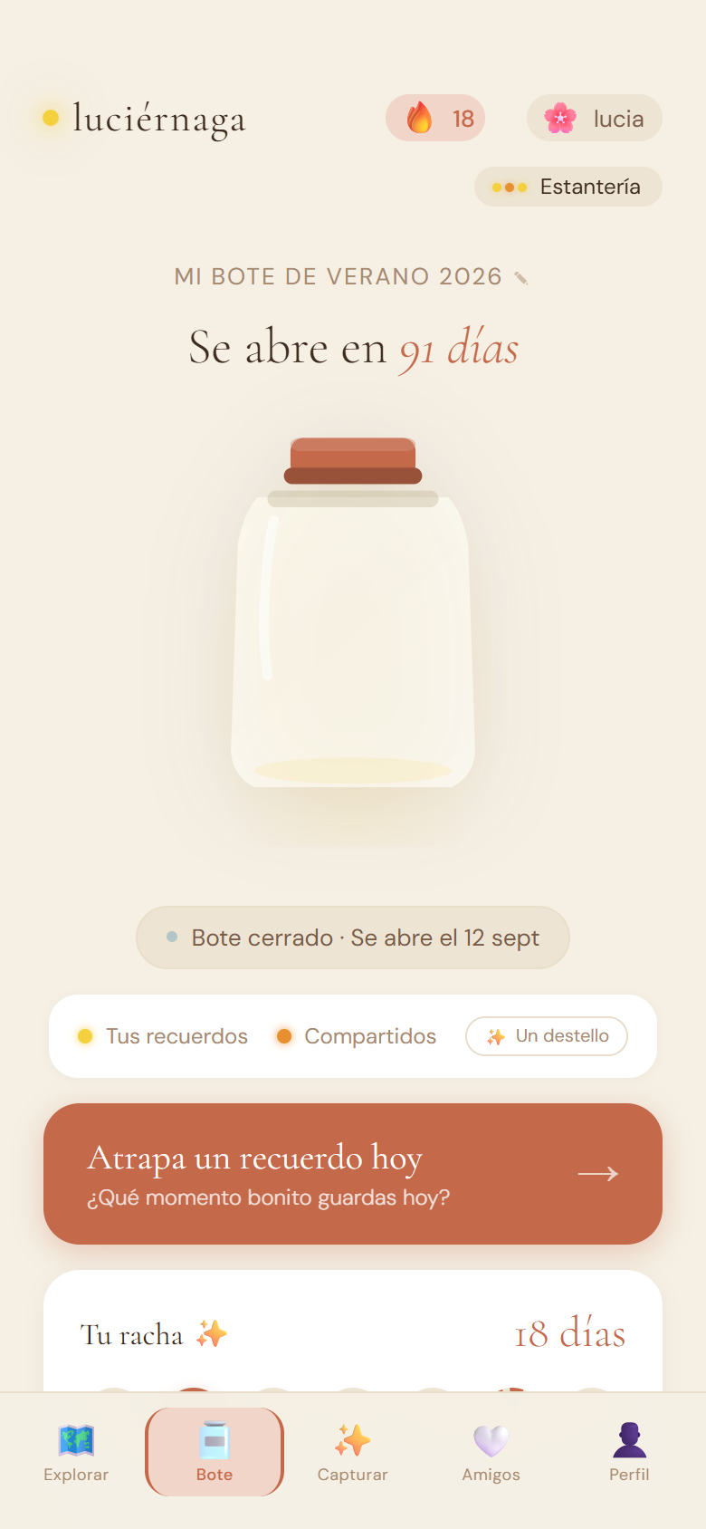Pantalla principal de Luciérnaga: tu bote de recuerdos